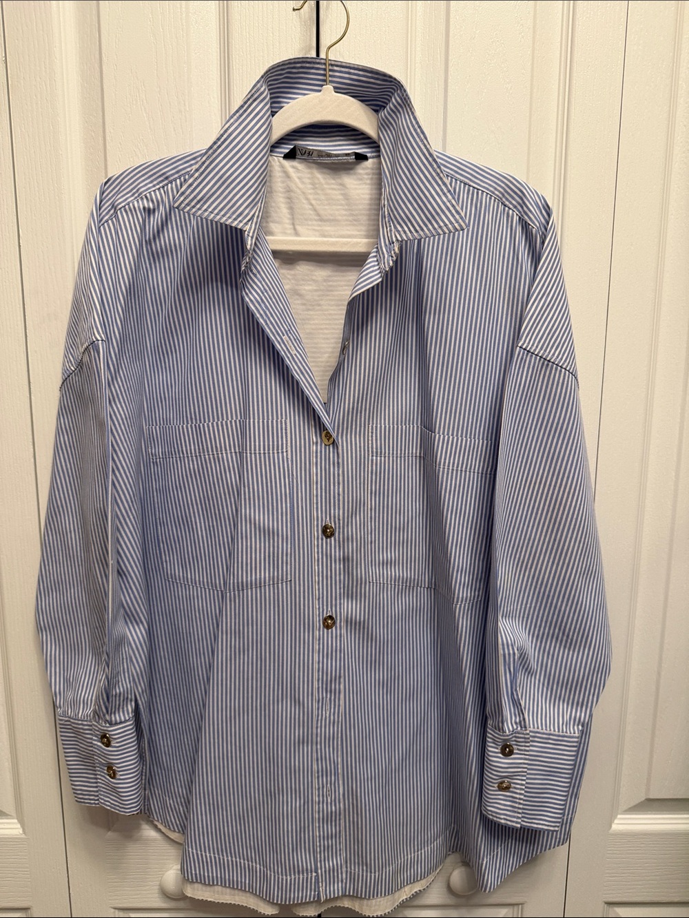 Zara Light Blue and White Striped Button-Down Shirt Size XL